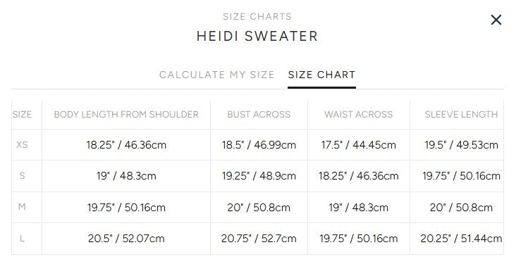 Product size guide