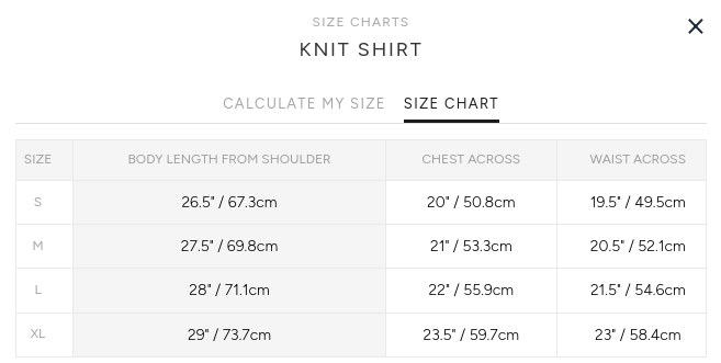 Product size guide