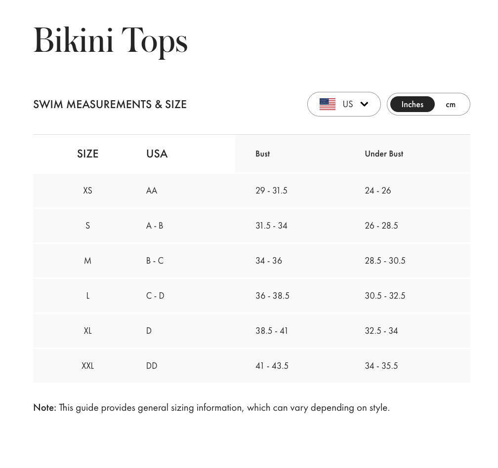 Product size guide