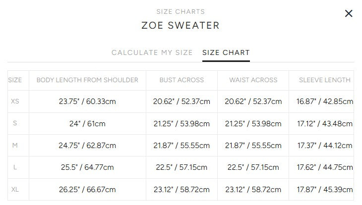 Product size guide