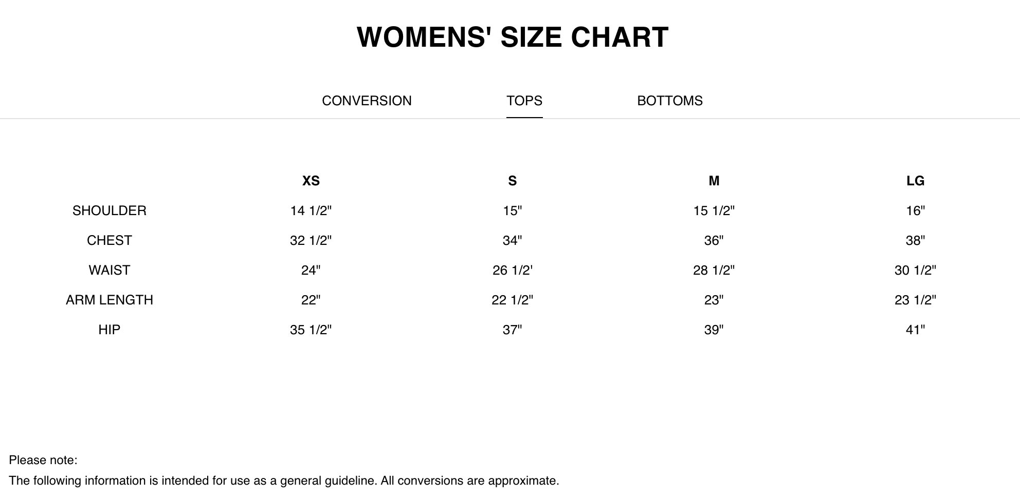 Product size guide