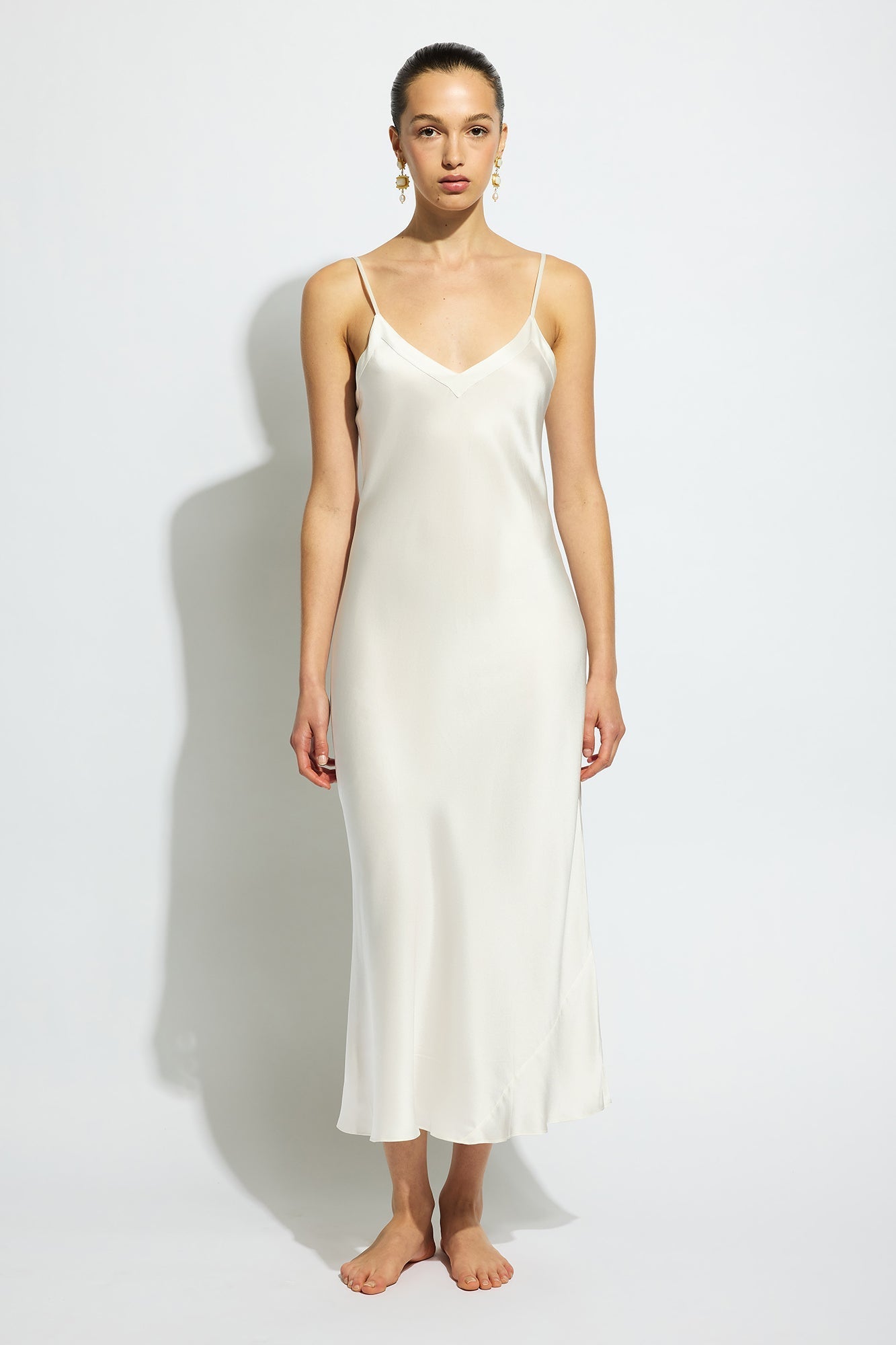 Silk Long Nite V Neck | Creme