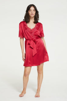 Silk Short Wrap Gown with Lace Trim | Ruby