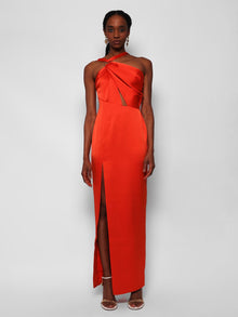 Women | RASARIO | Draped Satin Asymmetric Cut-out Gown With Ring | Orange