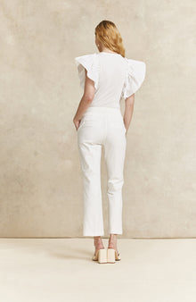 Jersey Poplin Flutter Sleeve Top | White