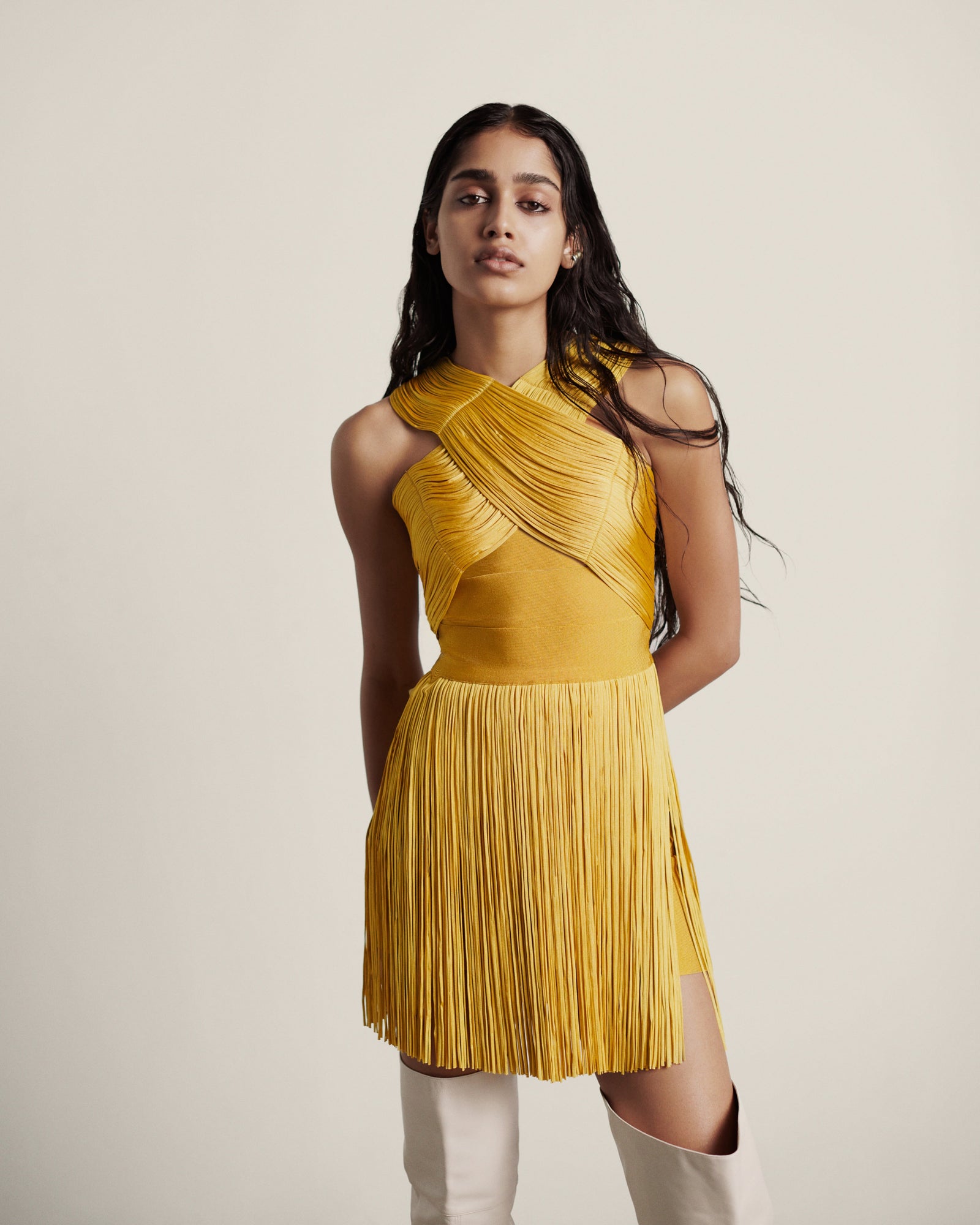 Crossover Halter Fringe Mini Dress | Goldenrod