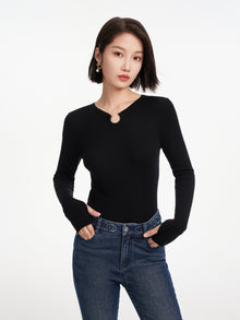 Wool Fit Long-Sleeves Sweater Top | Black
