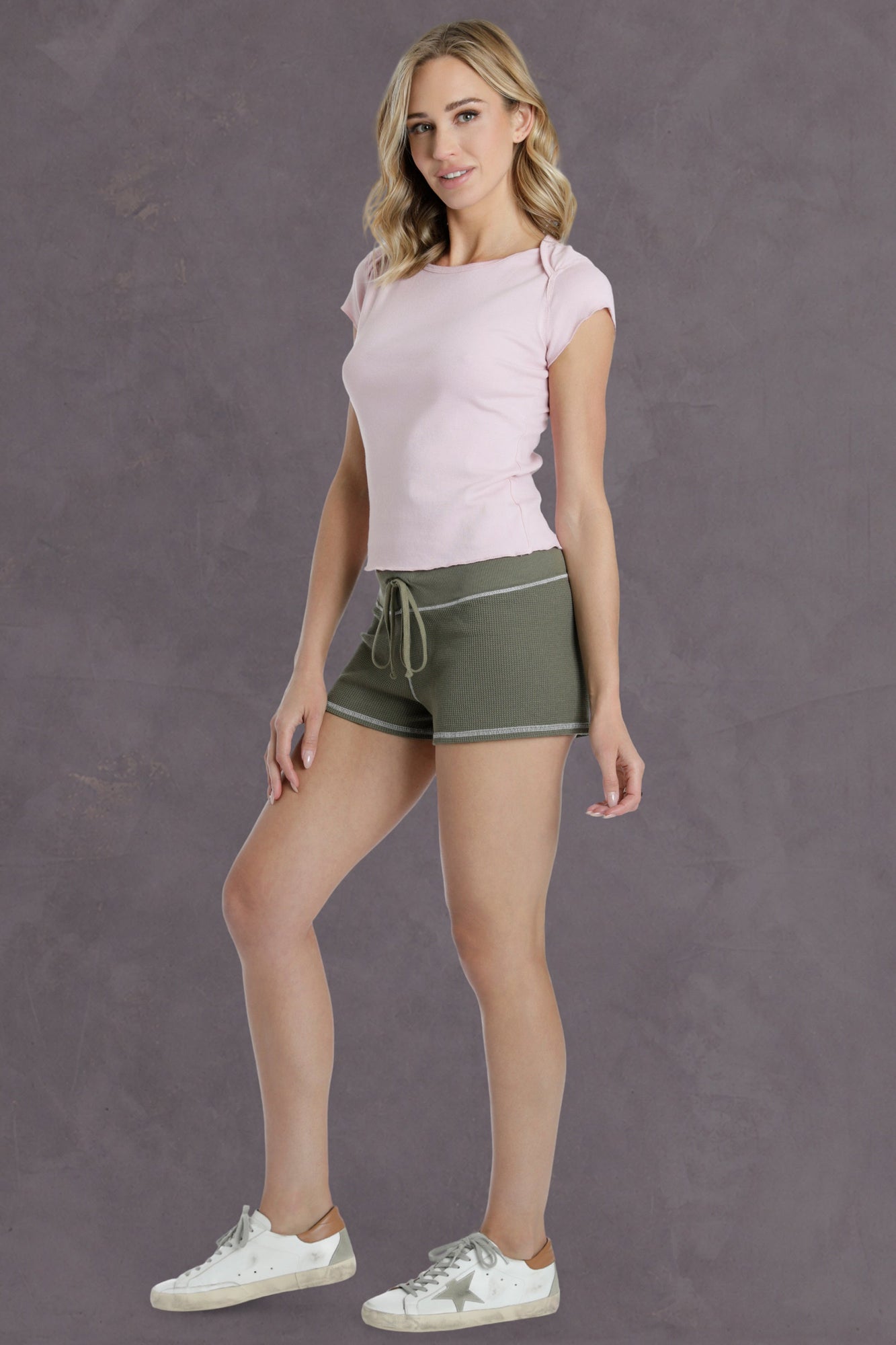 Women | Short Sleeve Crossover Shoulder Baby Tee | Cameo Pink