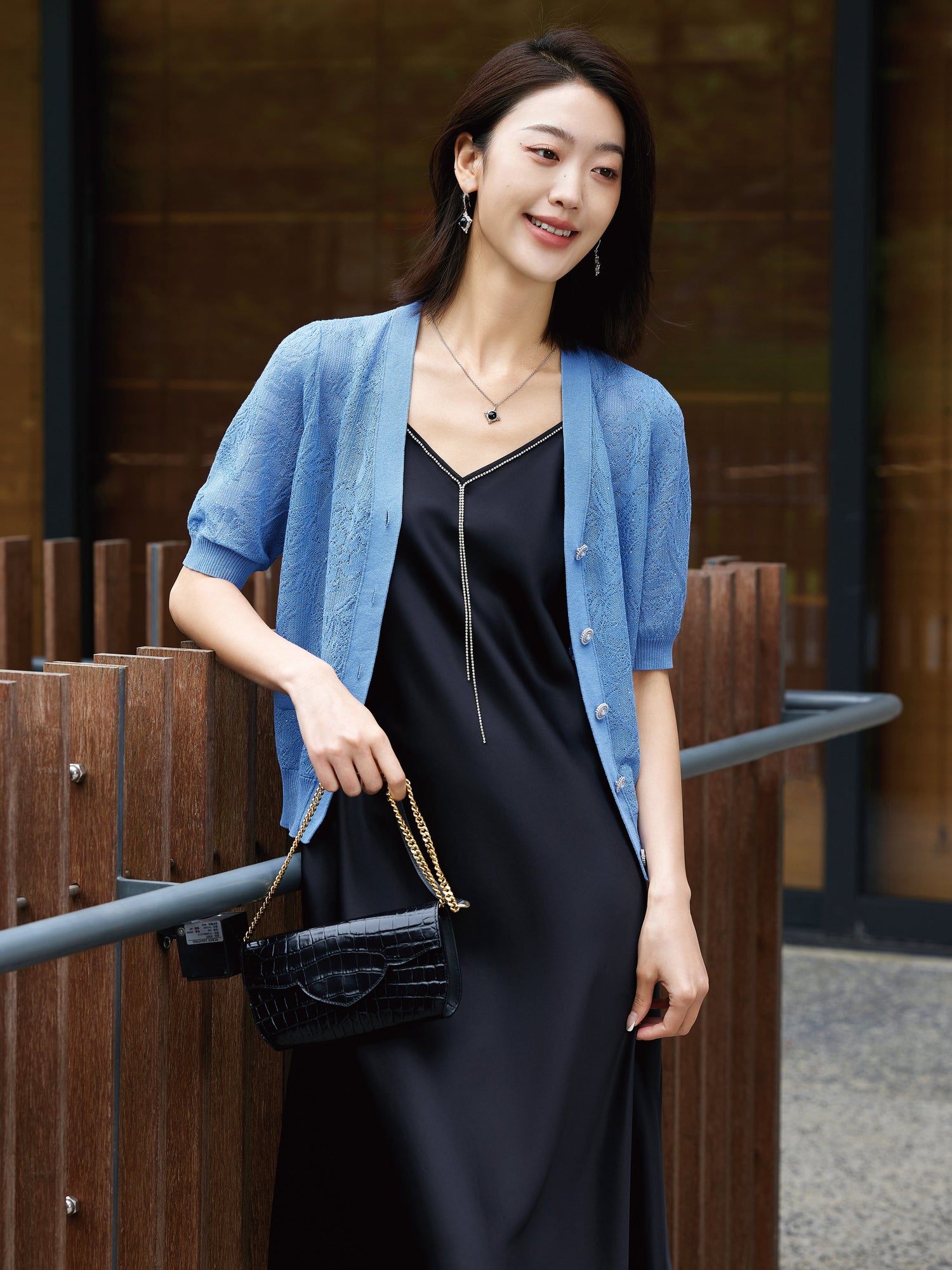 Embossed Slim Knit Cardigan | Blue