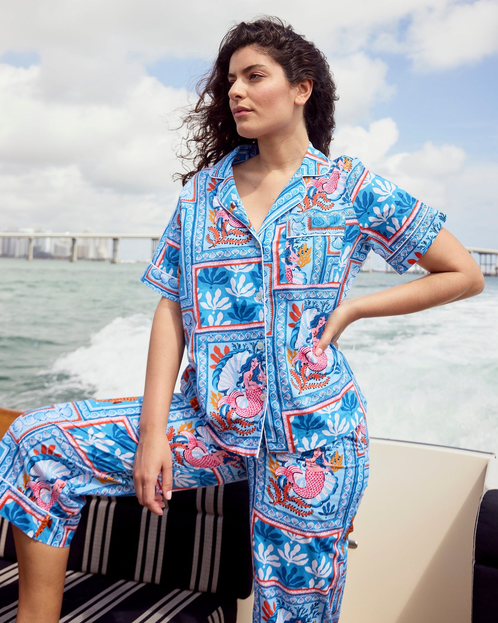 Short Sleeve Top & Cropped Pants Set | Tidal Tapestry - Saltwater Blue
