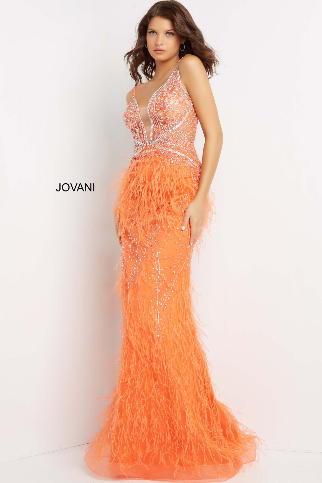 Sheer Embellished Bodice Feather Dress | Orange
