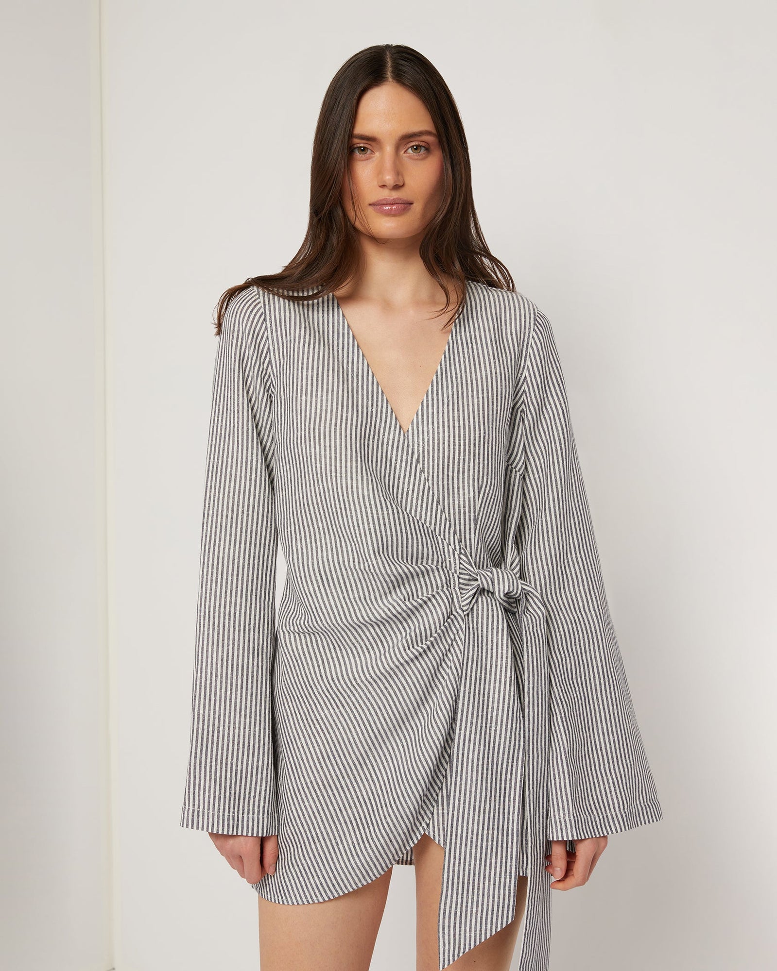 Womens | Air Linen Wrap Dress | Deep Navy/White