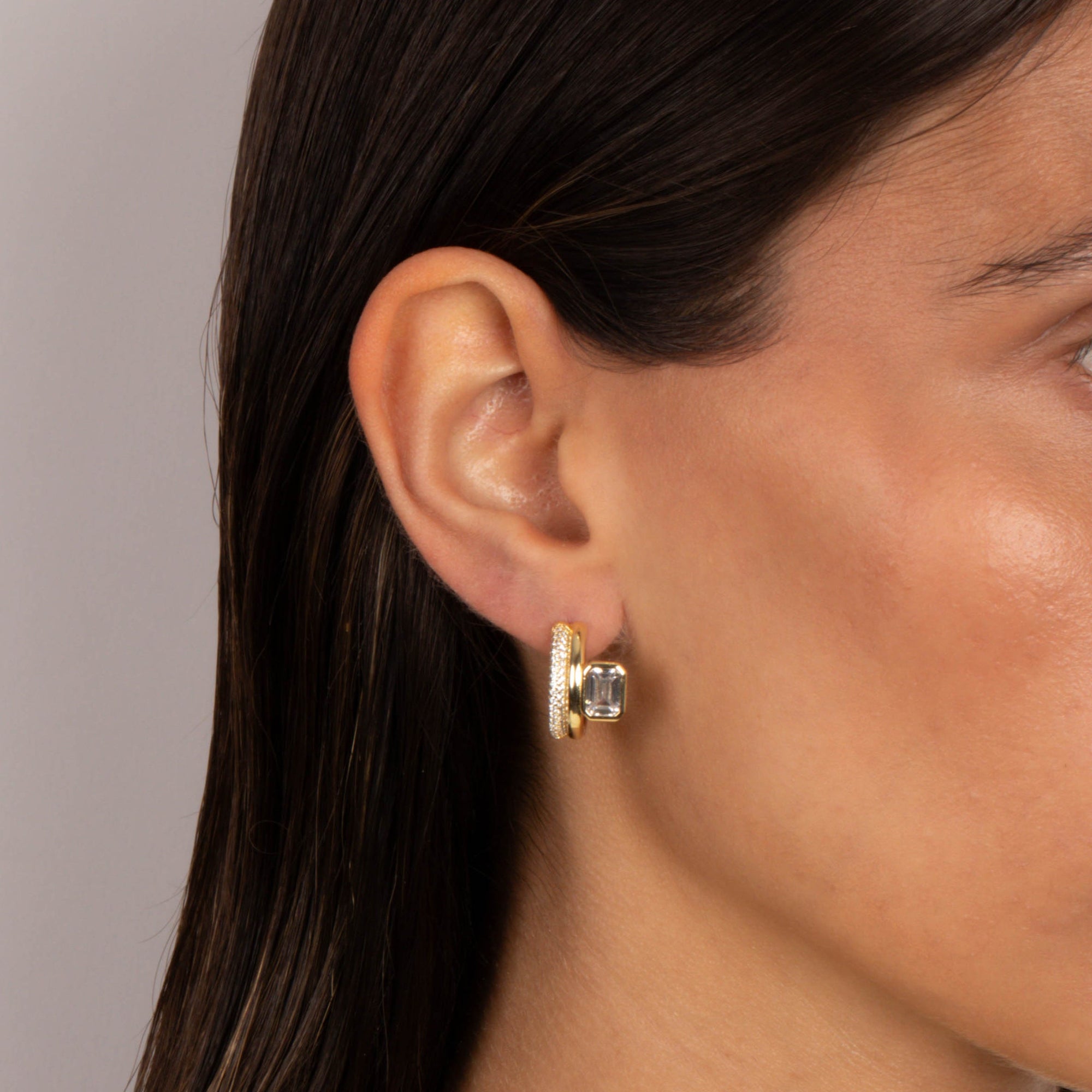 CZ Emerald Bezel Double Row Huggie Earring - Adina's Jewels