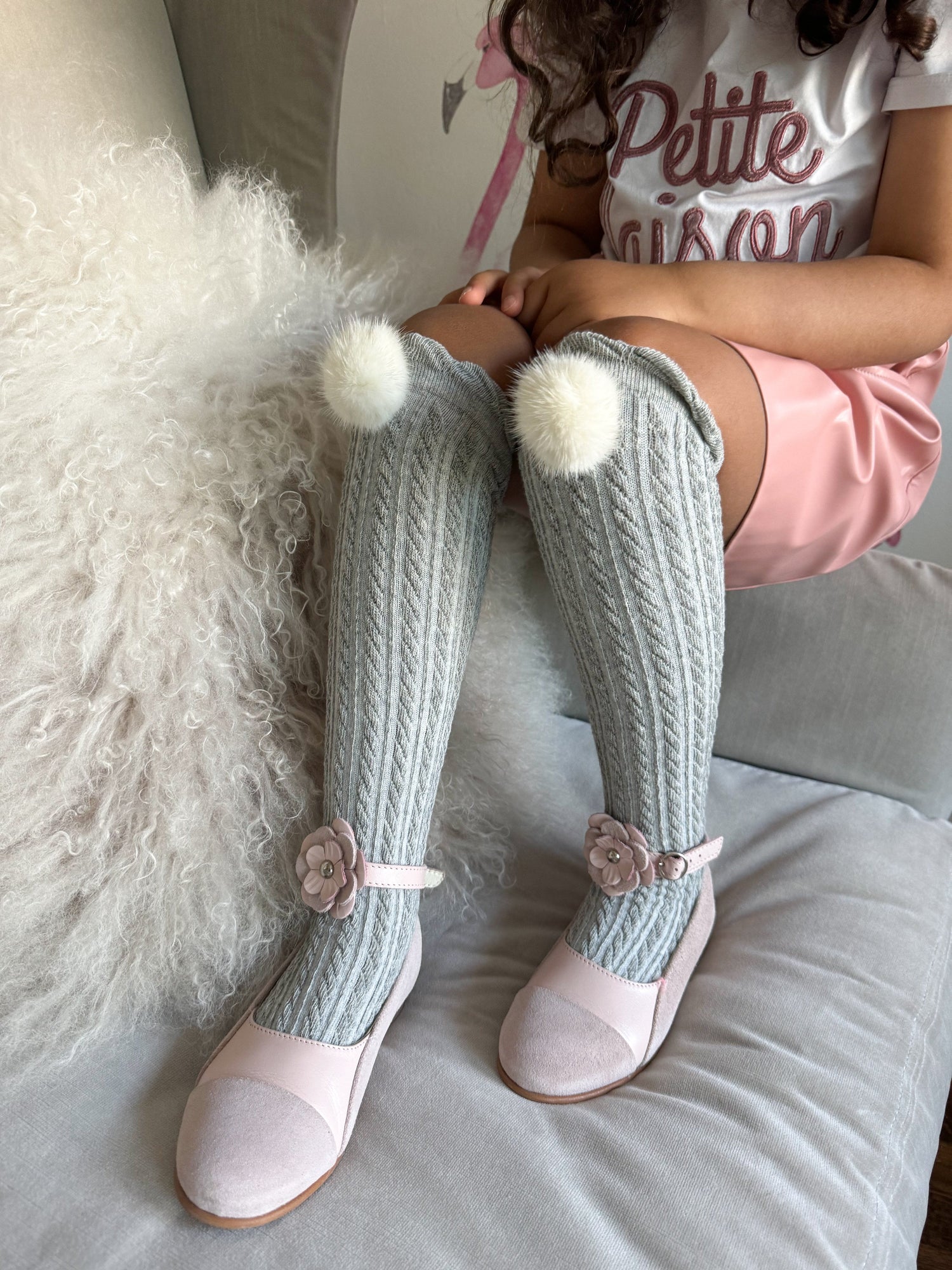 Knee High Socks with Poms Pom | Grey & White