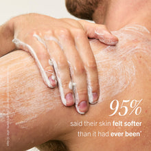 A hand applies creamy lotion onto a bare shoulder, creating a lather. Text reads: 