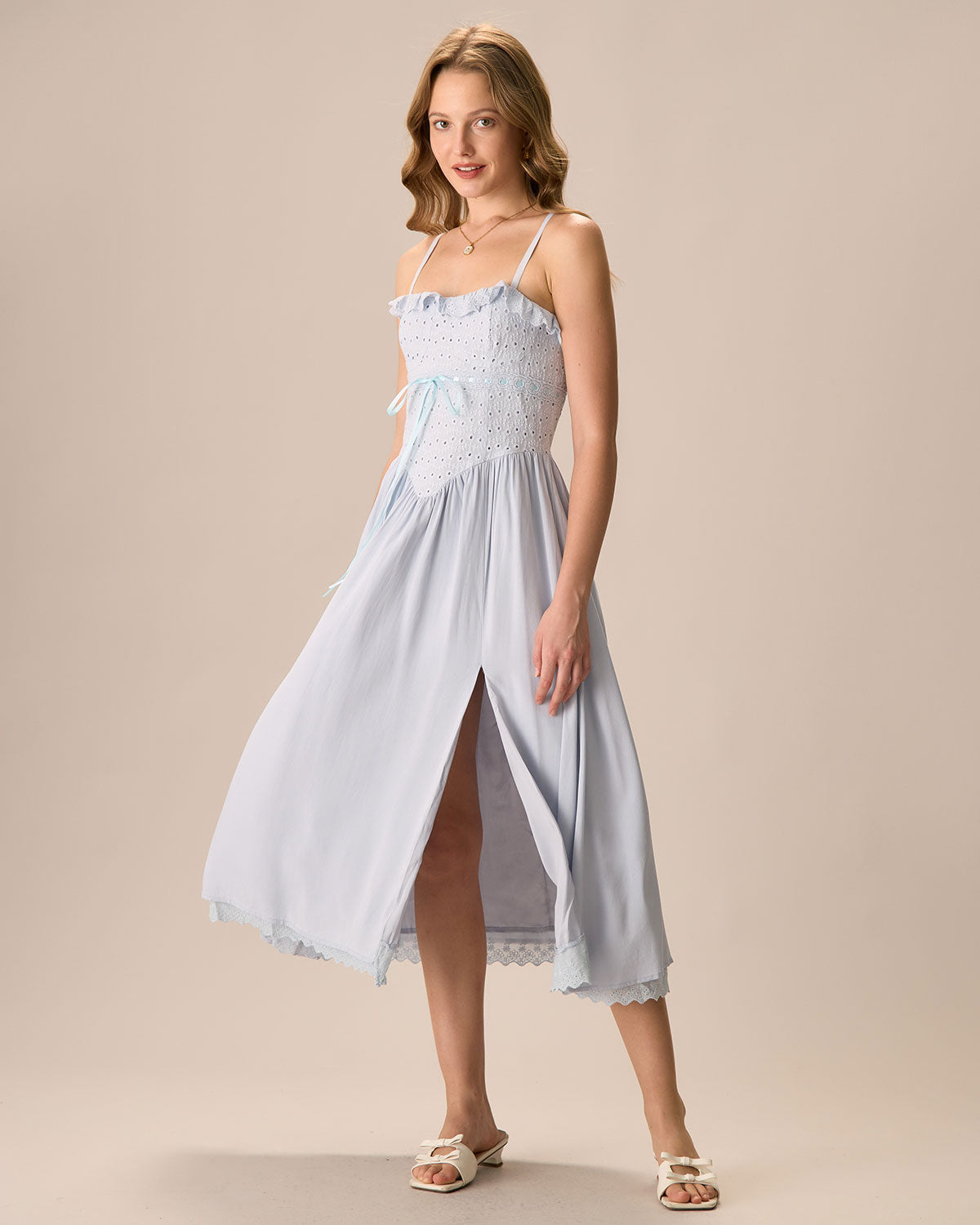 Women's Blue Embroidery Cotton Slip Midi Dress