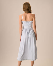 Women's Blue Embroidery Cotton Slip Midi Dress