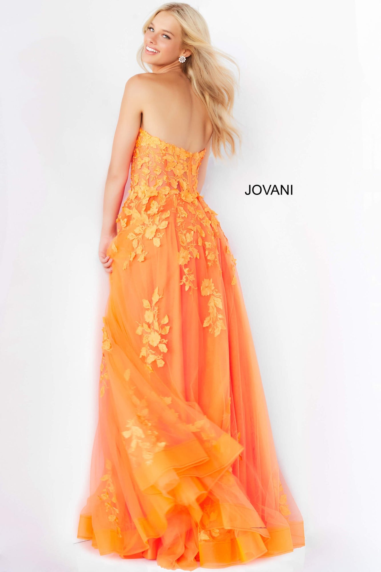 Lace Appliques Strapless Prom Gown | Orange