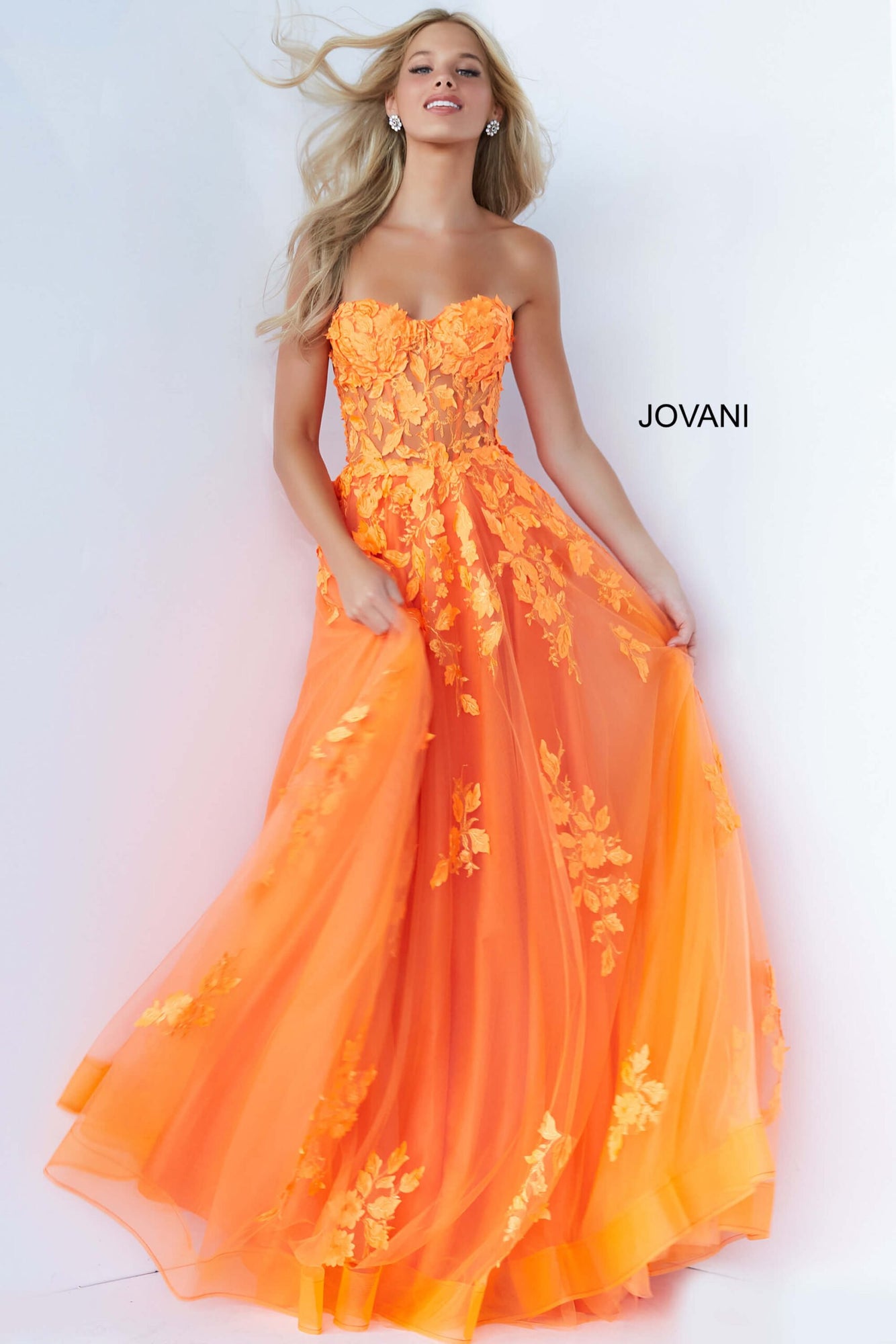 Lace Appliques Strapless Prom Gown | Orange