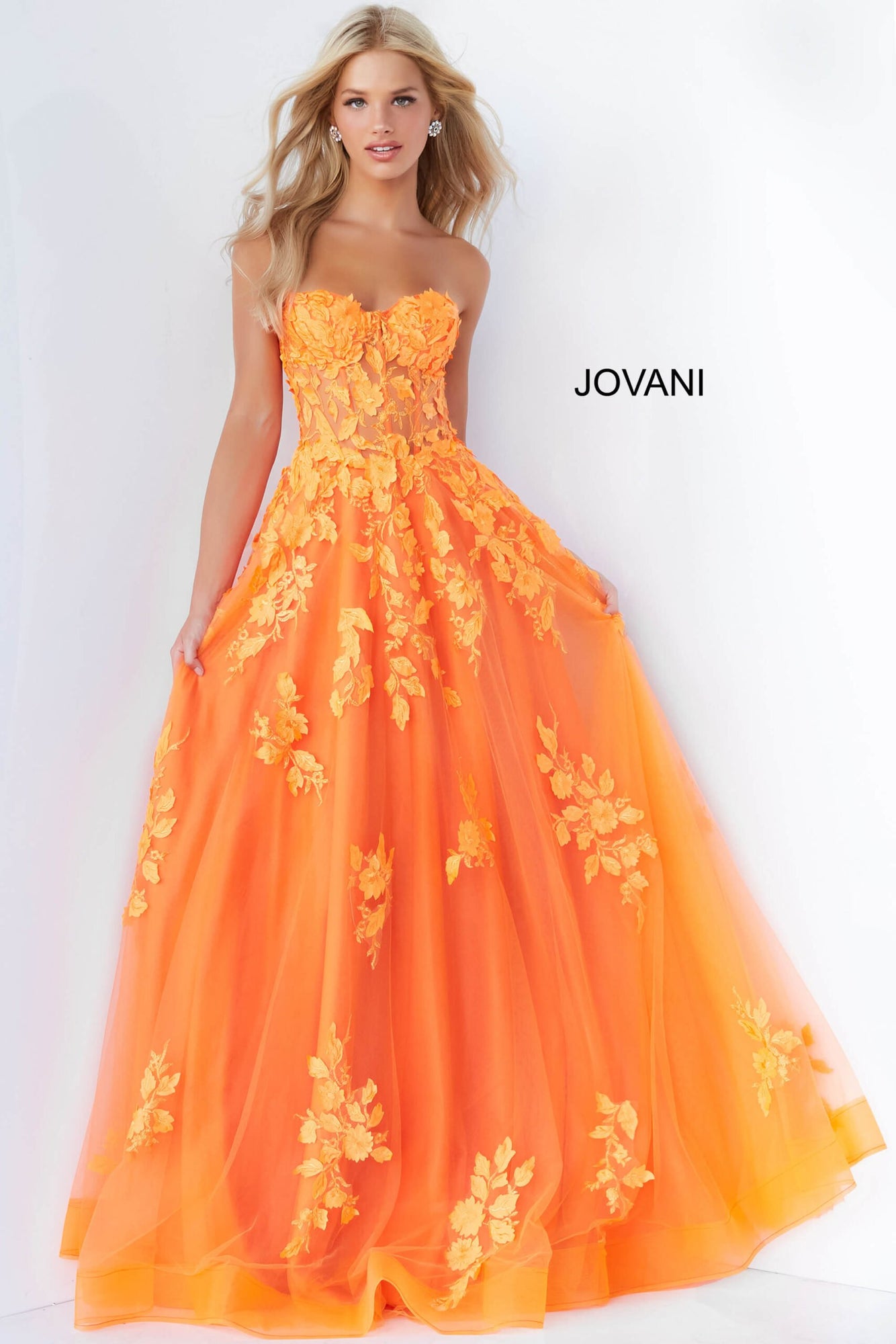 Lace Appliques Strapless Prom Gown | Orange