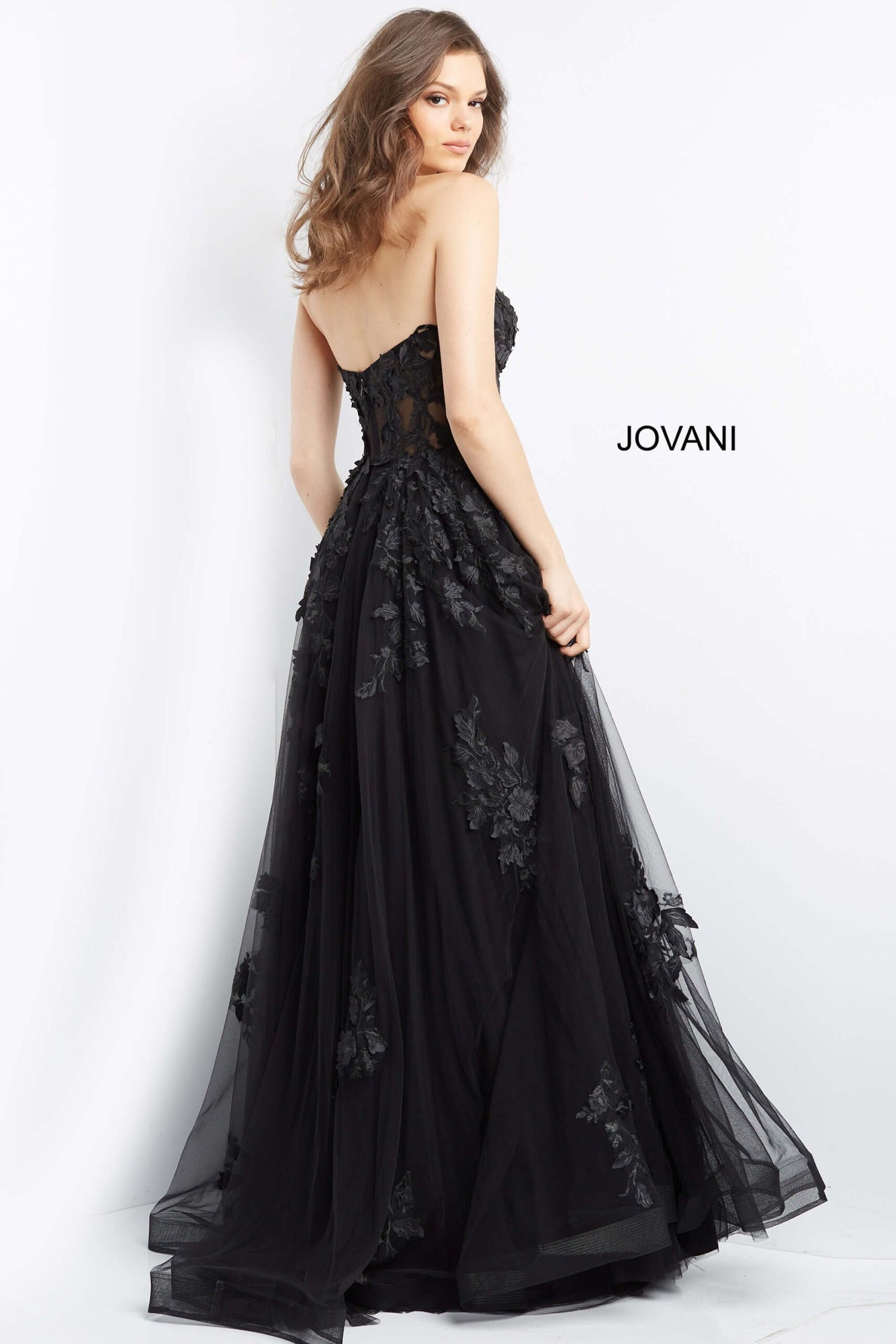 Lace Appliques Strapless Prom Gown | Black