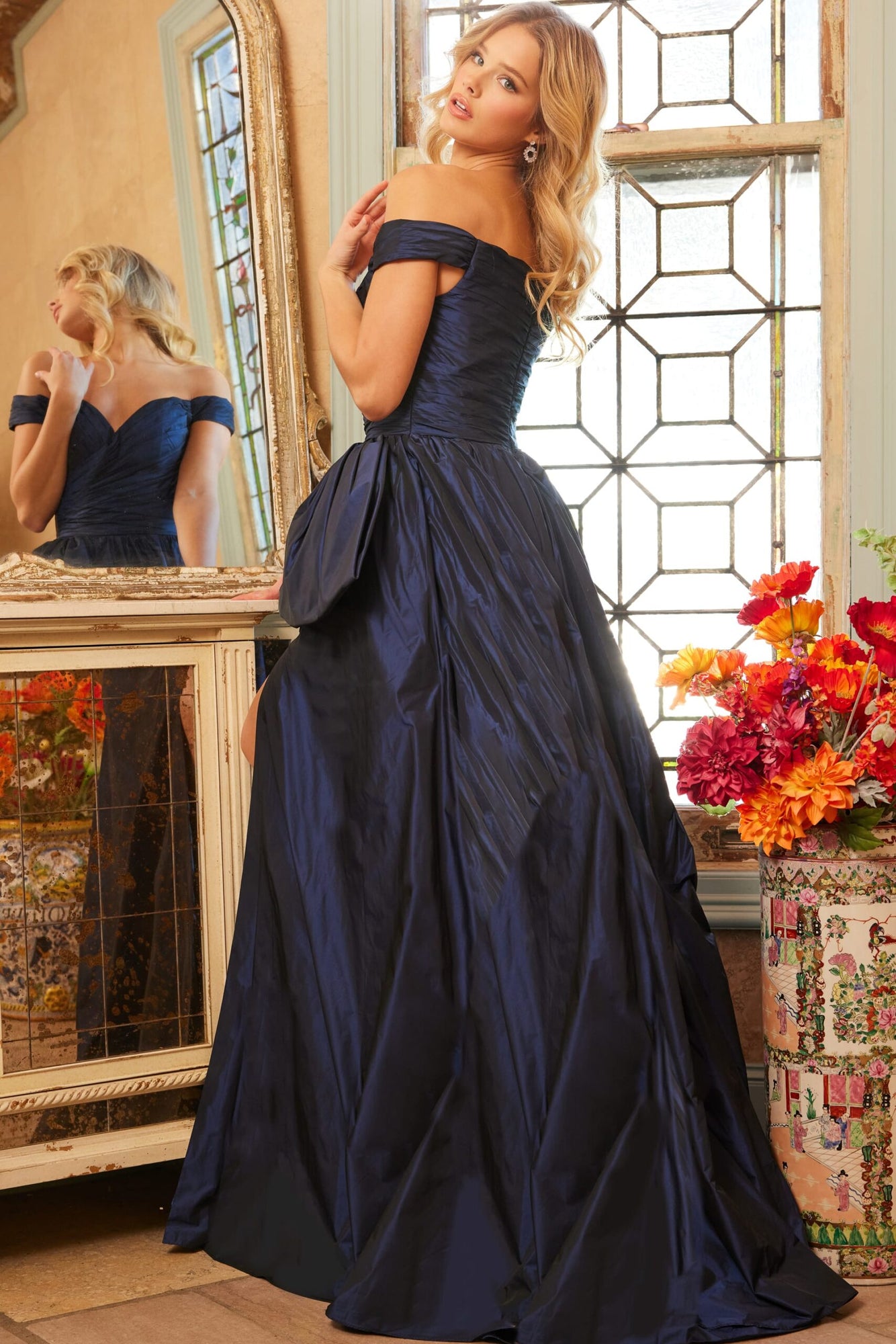 Off the Shoulder Ruched Bodice Evening Gown | Sapphire