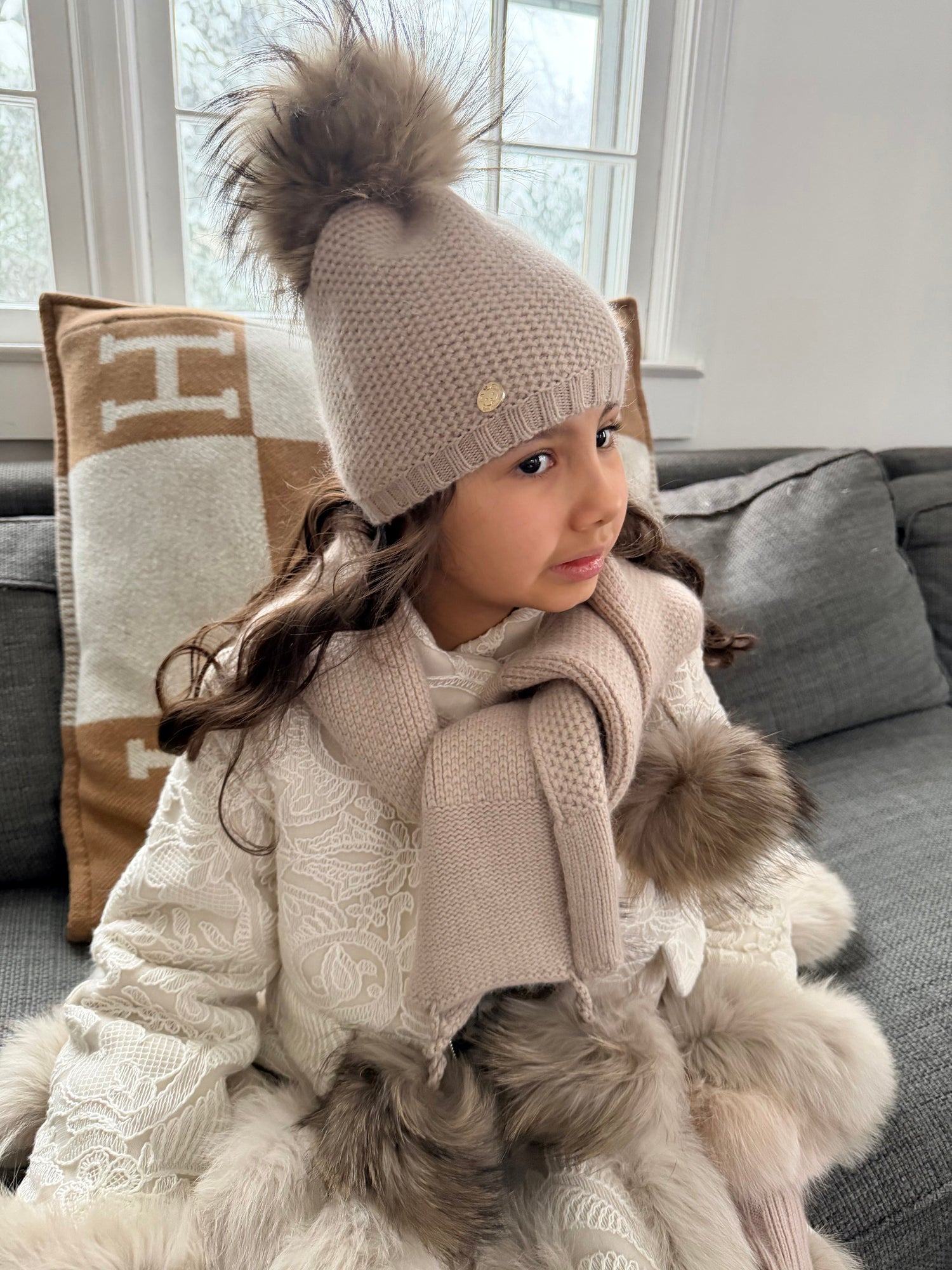 Unisex | Honeycomb Cashmere Beanie with Pom | Beige