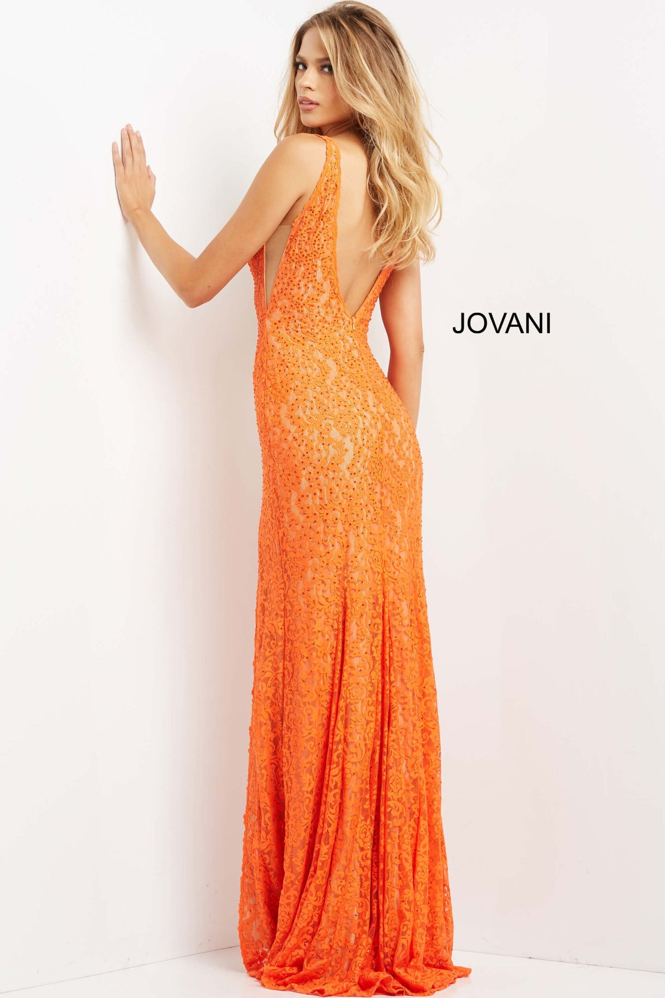Plunging Neck Lace Dress | Orange/Nude