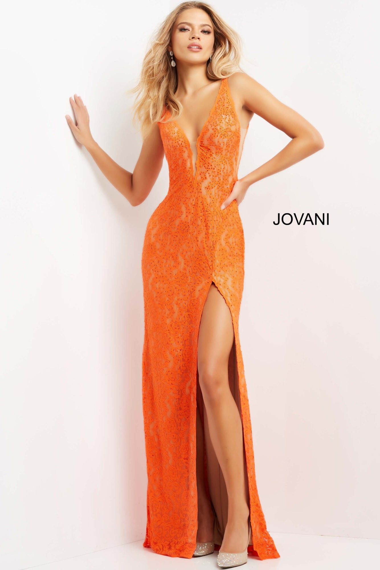Plunging Neck Lace Dress | Orange/Nude