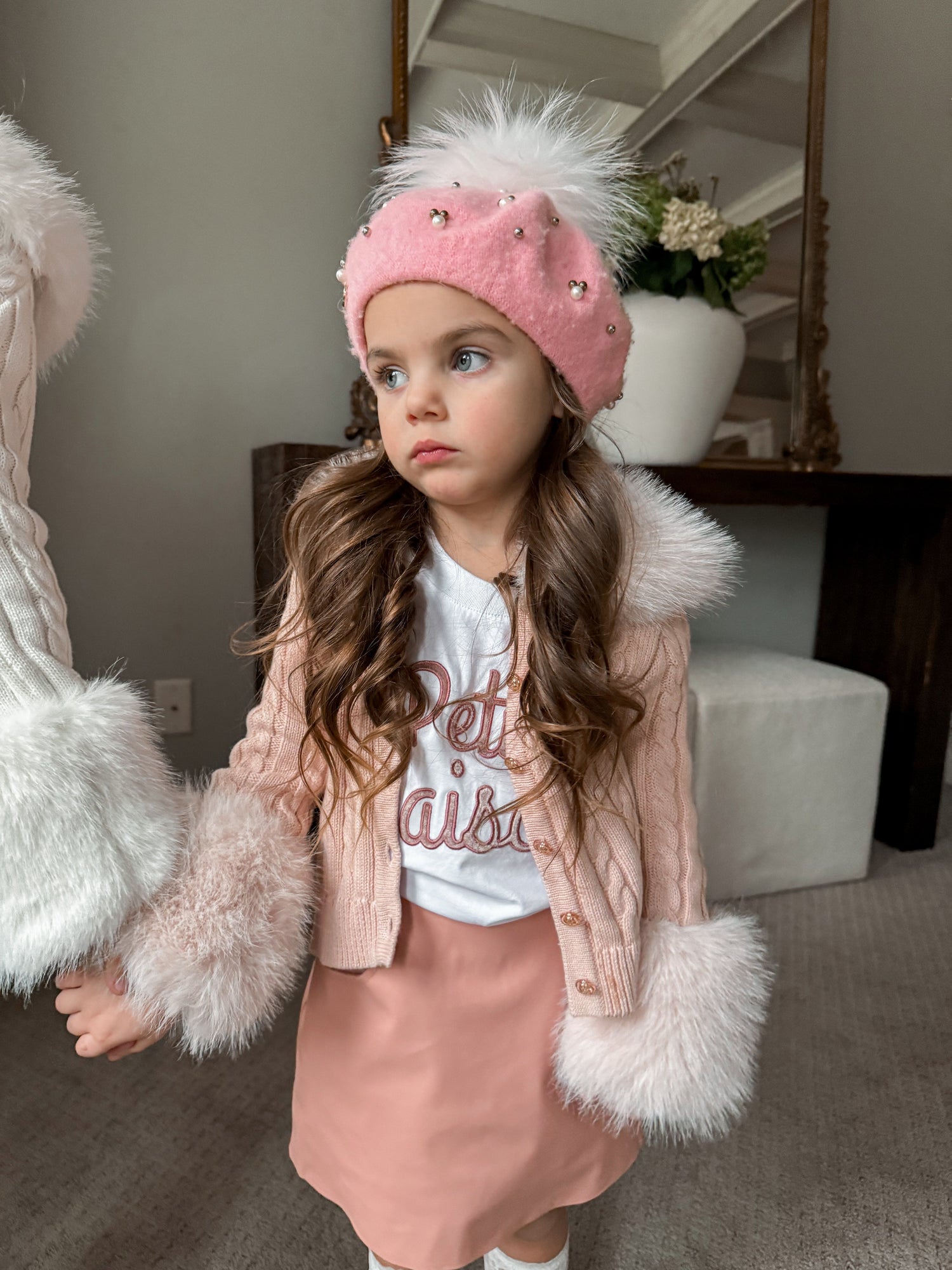 Baby Girls | Cableknit Faux Fur Cotton Cardigan | Pink