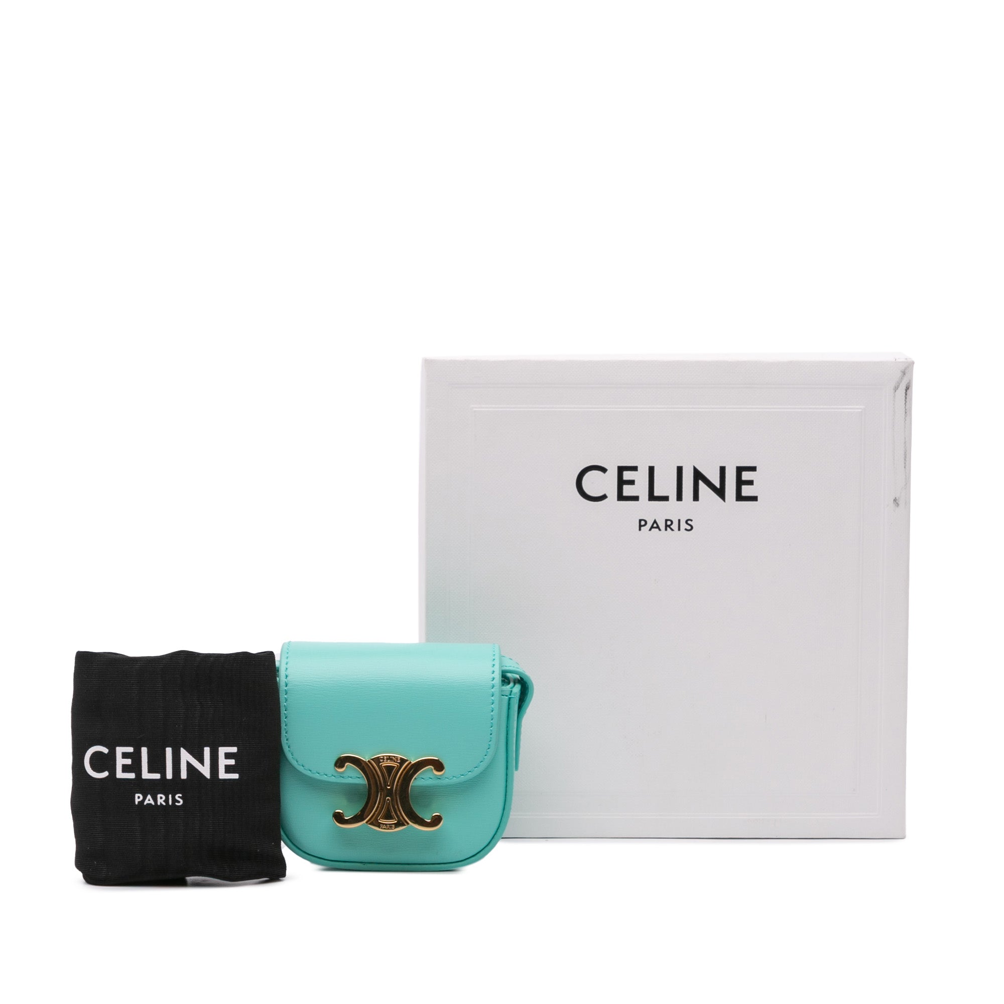 Celine | Pre-Owned Leather Triomphe AirPods Case with Strap - II | Blue/Turquoise