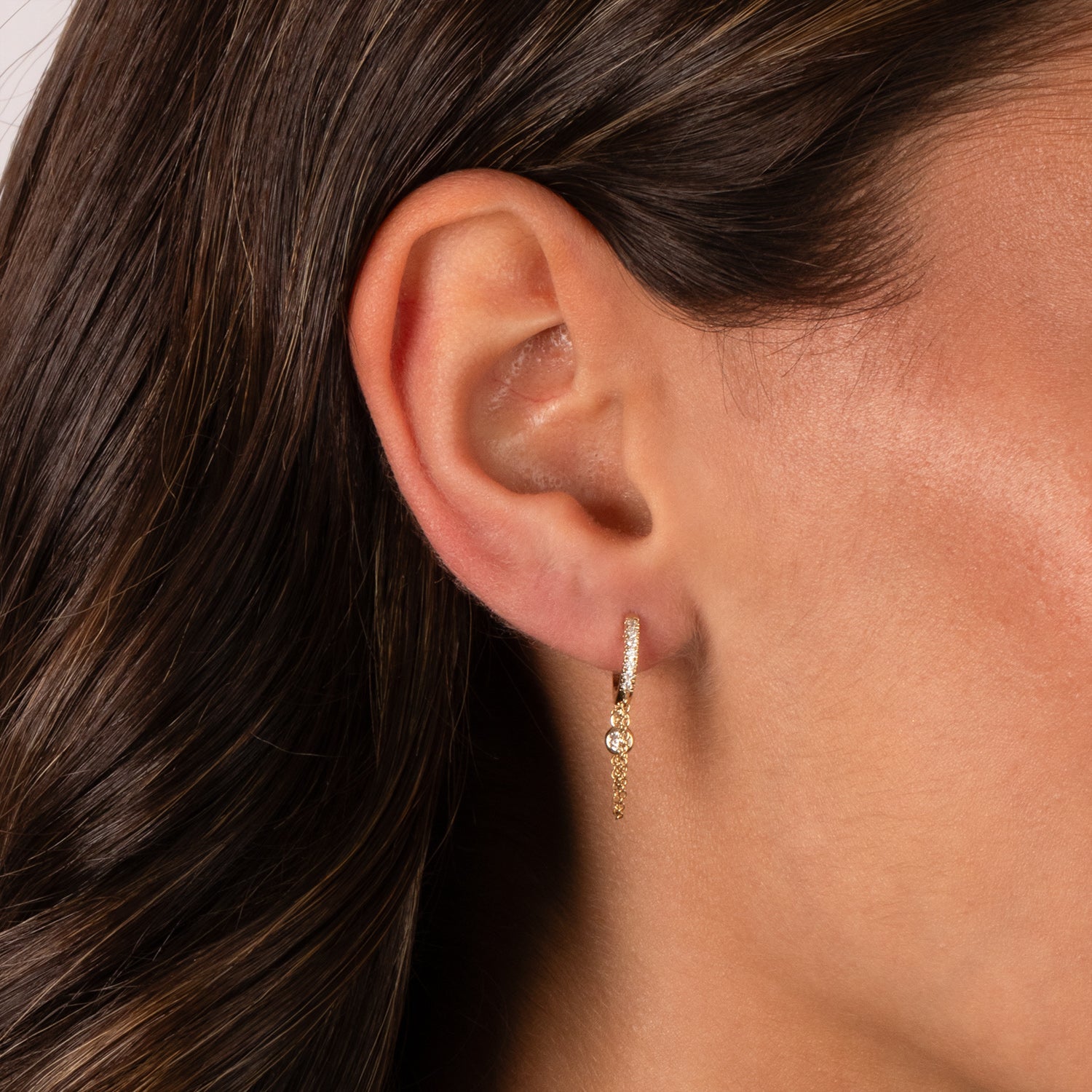 Diamond Pave Dangling Bezel & Chain Huggie Earring 14K - Adina's Jewels