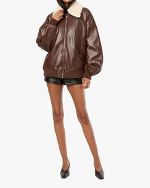 Faux Sherpa Collar Bomber Jacket | Brown