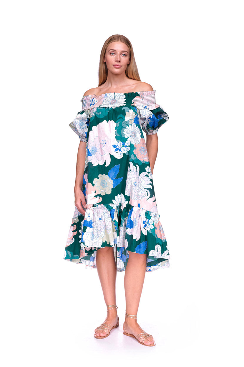 Zinnia Dress | Green Retro Dahlia