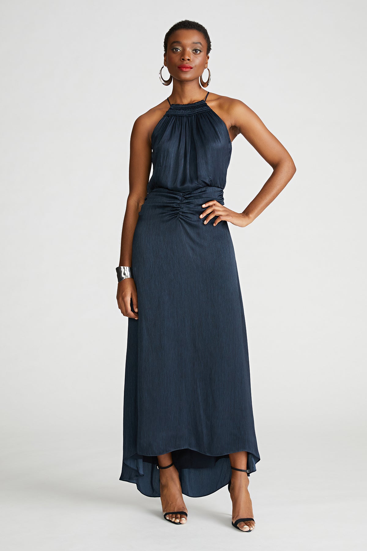 Halston | Slub Micro Satin Gown | Navy