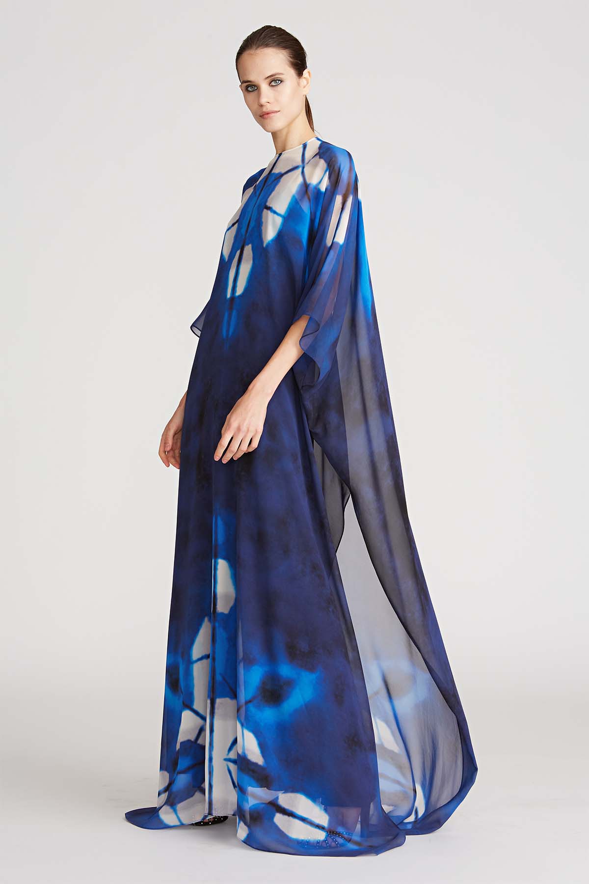 Halston | Elsa Printed Chiffon Caftan | Black/Sapphire