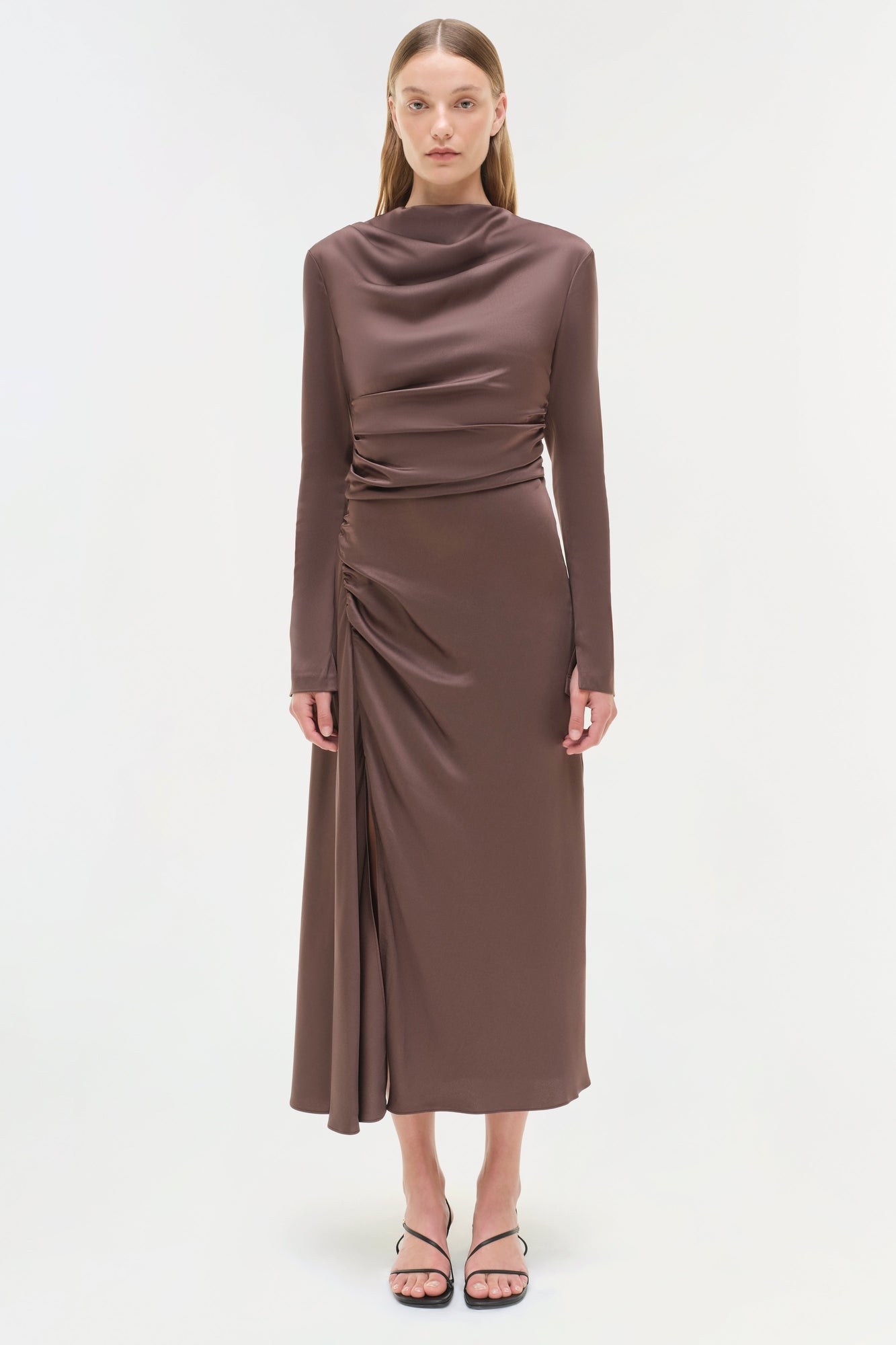 Taupe satin midi dress with draped cowl neckline, ruched waist, and side gathering detail.