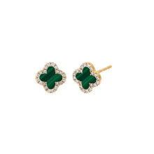 Malachite Gemstone/0.11 CT Diamond | Pave Outline Stud Earring | 14K Yellow Gold Plated