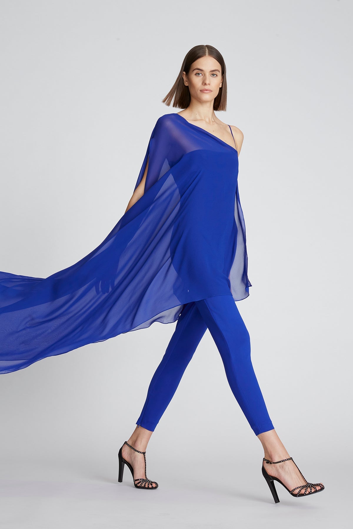 Halston | Rayna Catsuit In Scuba/Chiffon | Lapis