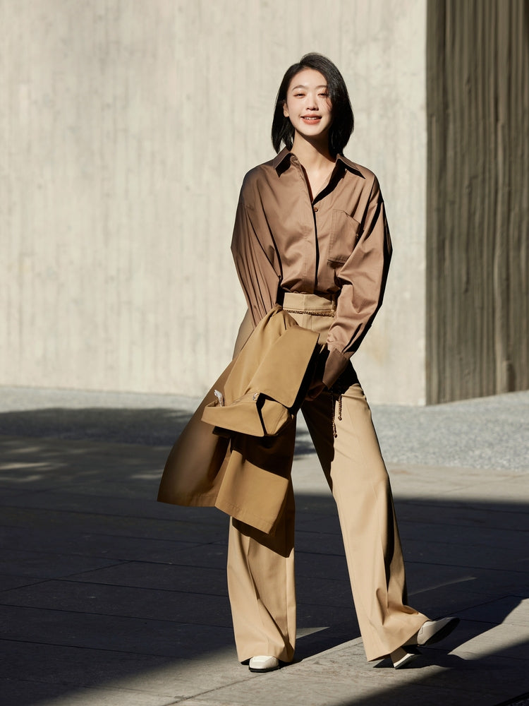 Wool Wide-Leg Office Pants | Khaki