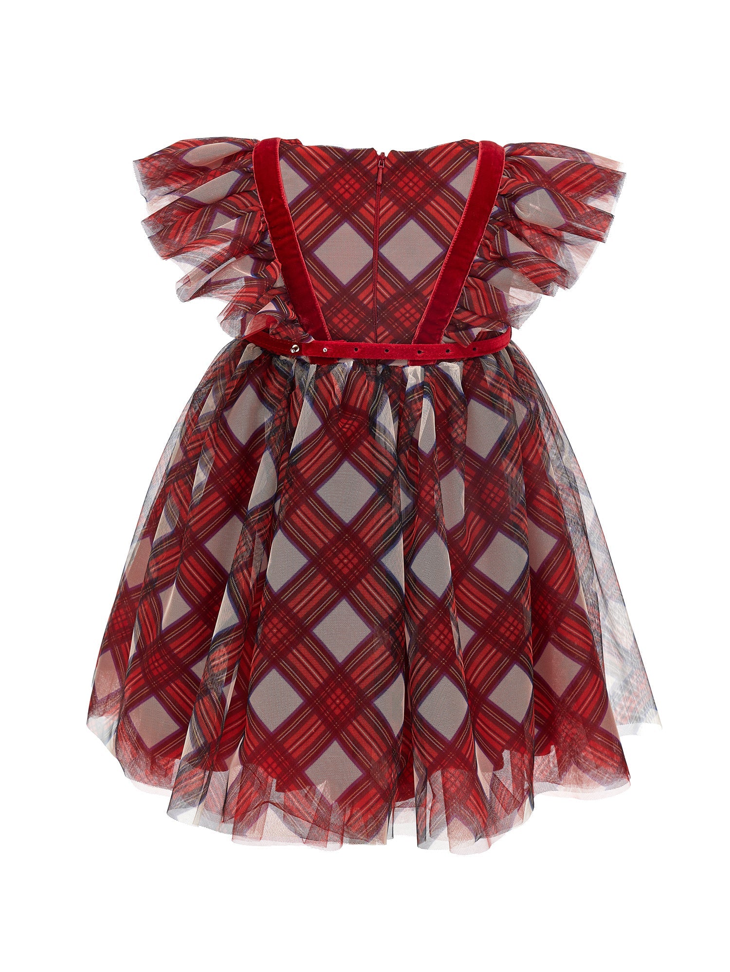Girls | Tartan Print Tulle Dress | Cream/Ruby