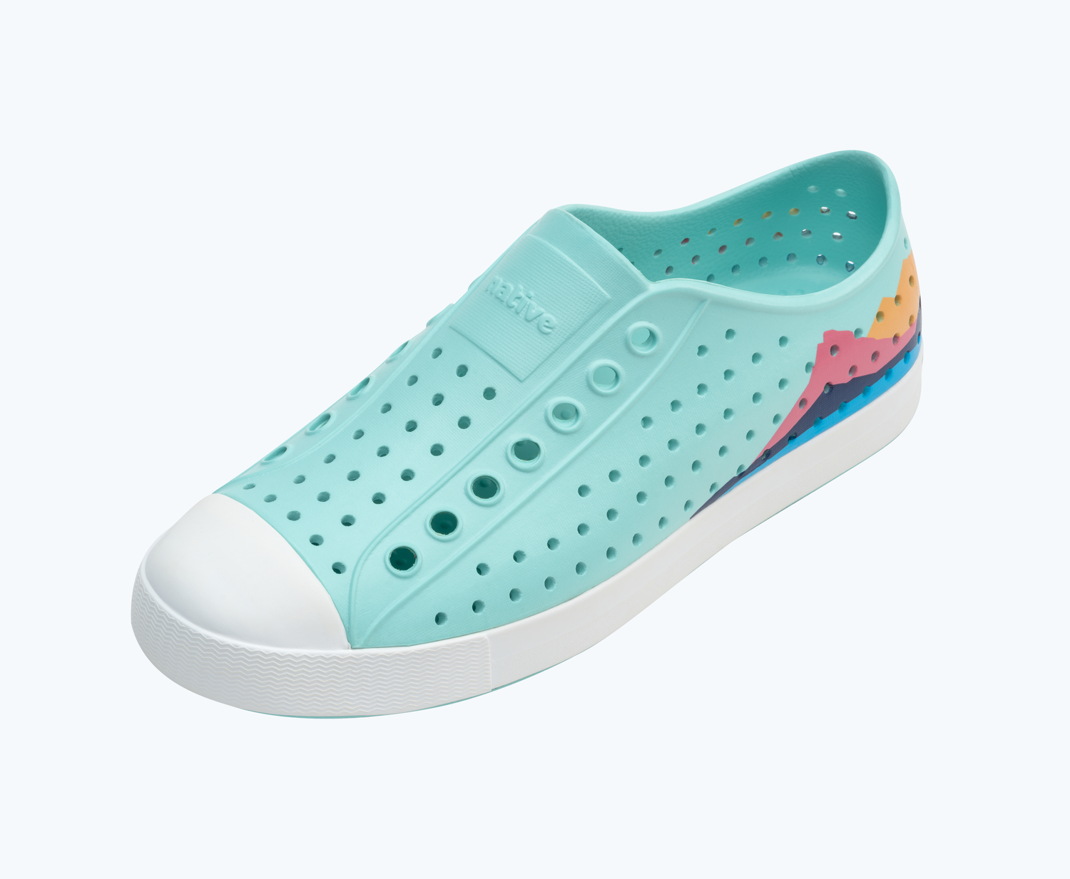 Angled view of a Native Shoes Jefferson Block | Hydrangea Blue/ Coastal Blue/ Regatta Mountain Block Footwear
