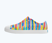 Side view of a Native Shoes Adults Jefferson Print | Shell White/ Shell White/ Rainbow Multi Stripe 2 Footwear