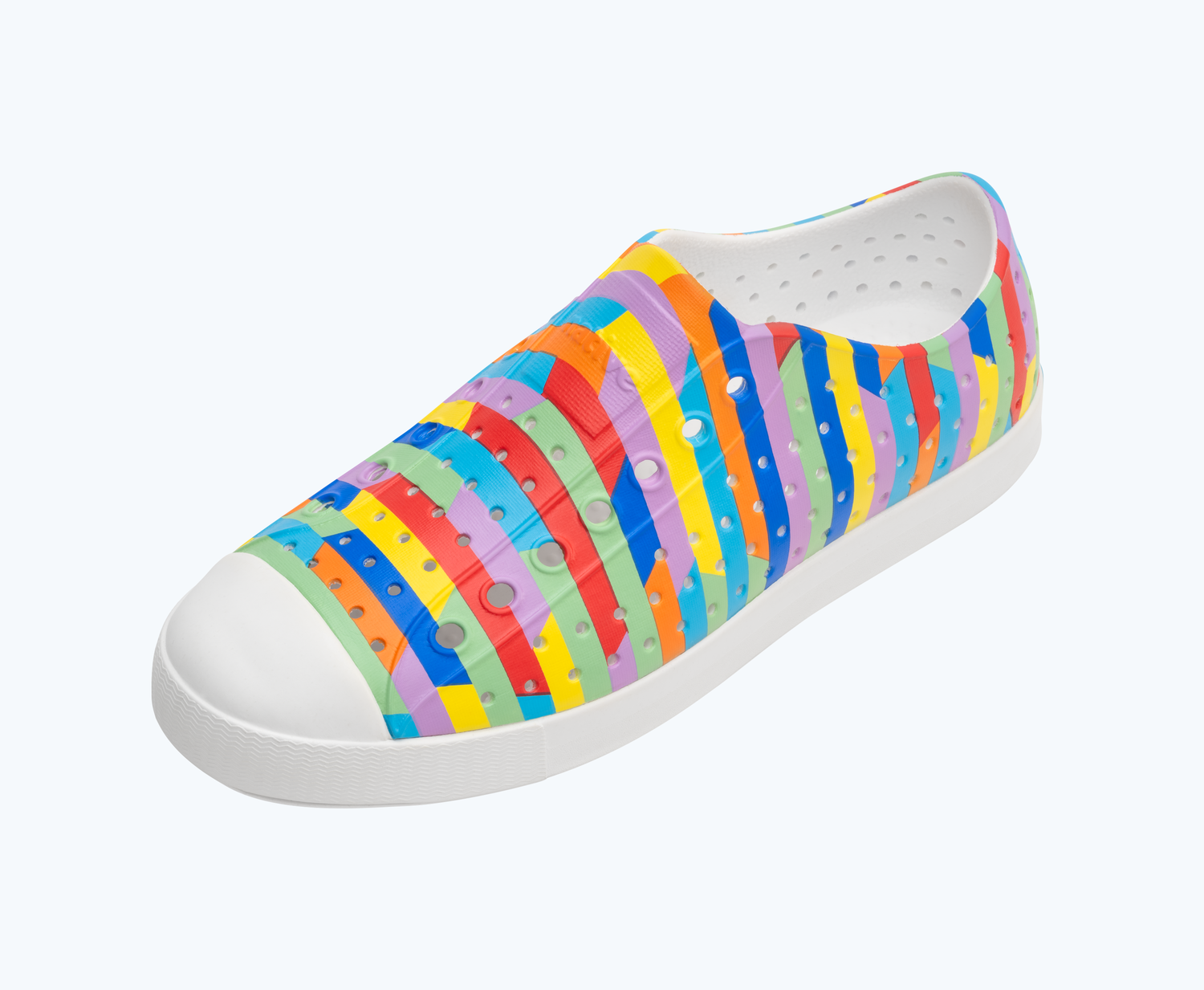 Angled view of a Native Shoes Jefferson Print | Shell White/ Shell White/ Rainbow Multi Stripe 2 Footwear