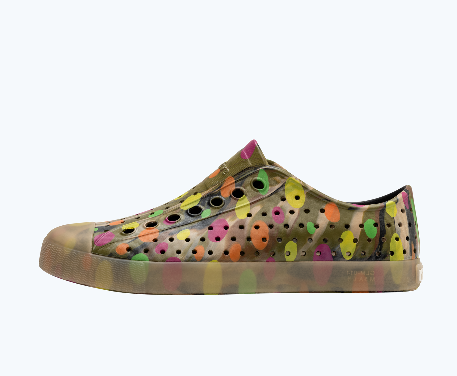 Side view of a Native Shoes Adults Jefferson Print | Rookie Green Marble/ Translucent/ Multi Polka Dots Footwear