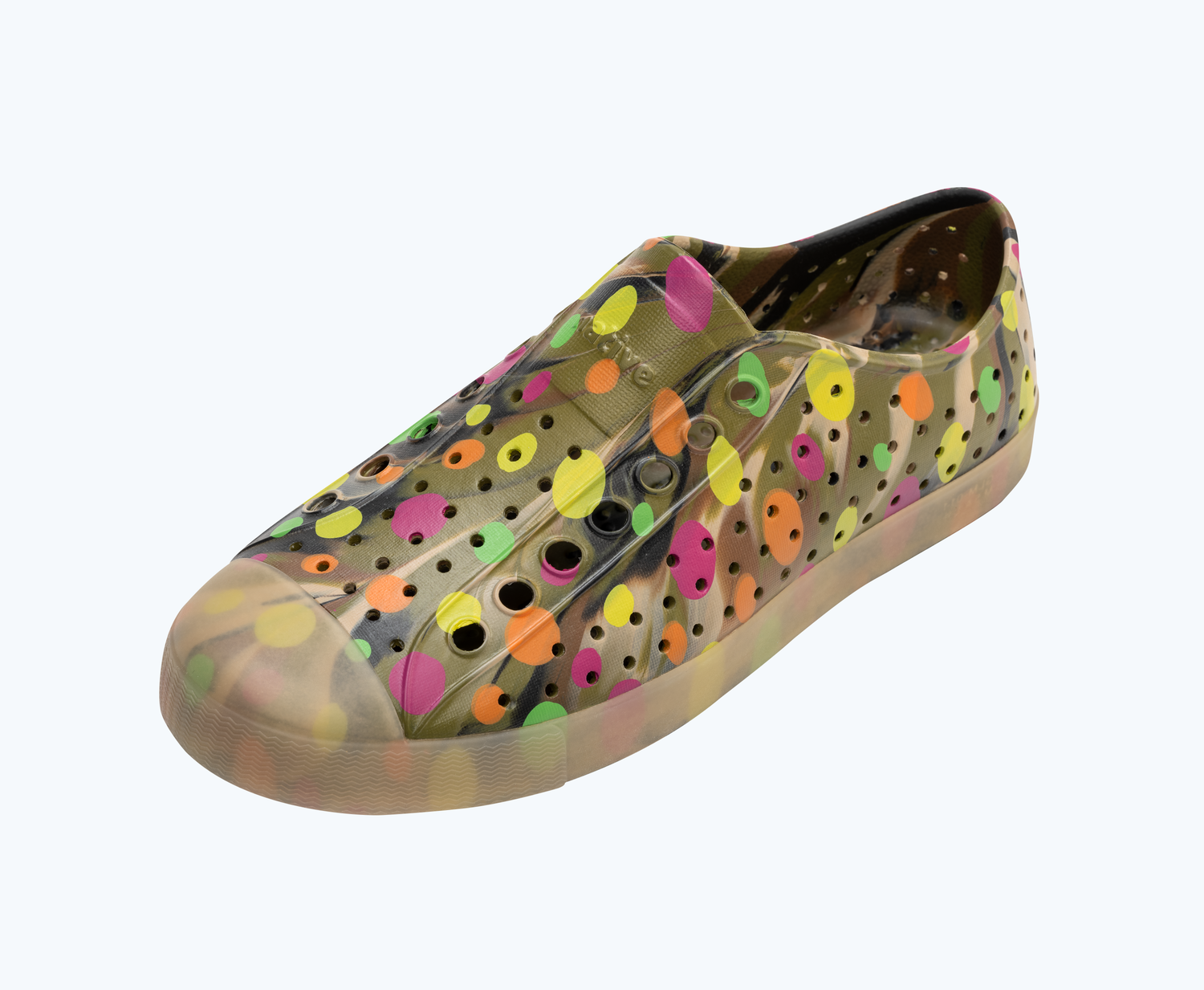 Angled view of a Native Shoes Jefferson Print | Rookie Green Marble/ Translucent/ Multi Polka Dots Footwear