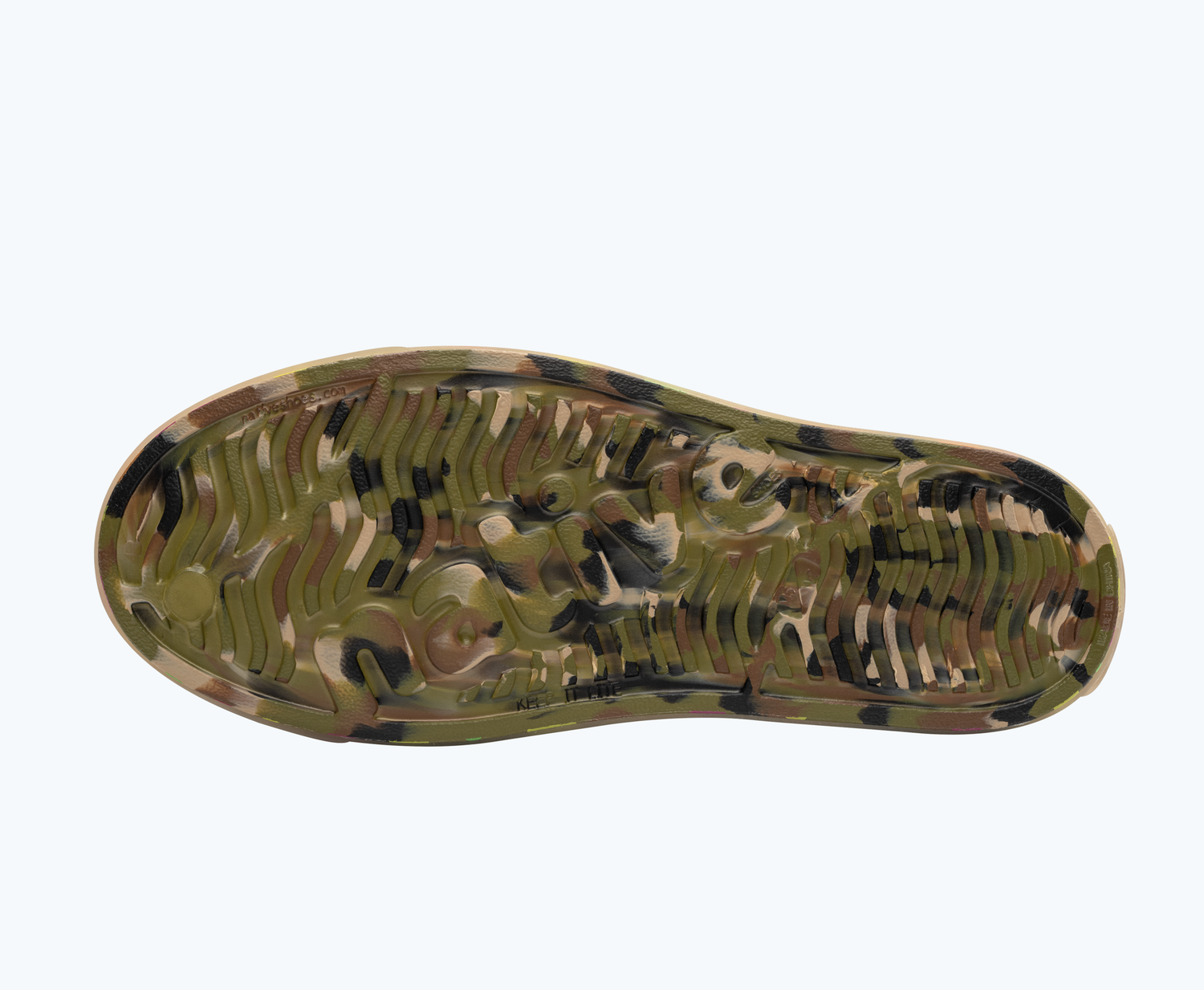 Bottom view of a Native Shoes Jefferson Print | Rookie Green Marble/ Translucent/ Multi Polka Dots Footwear