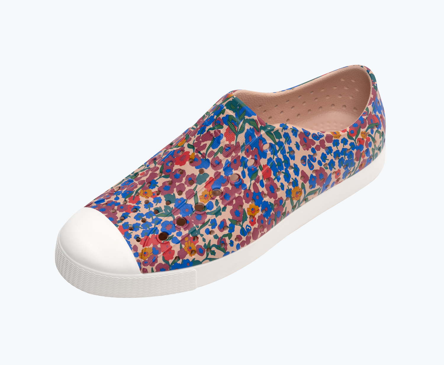 Angled view of a Native Shoes Jefferson Print | Chameleon Pink/ Shell White/ Uv Mystic Micro Floral Footwear