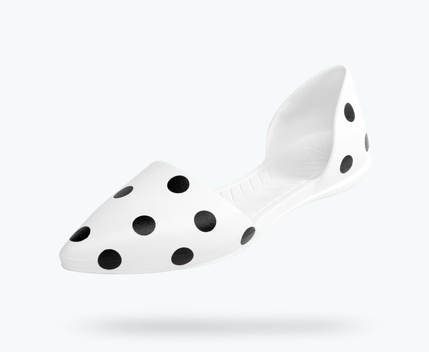 Angled view of a Native Shoes Audrey Print | Shell White/ Jiffy Polka Dots Footwear