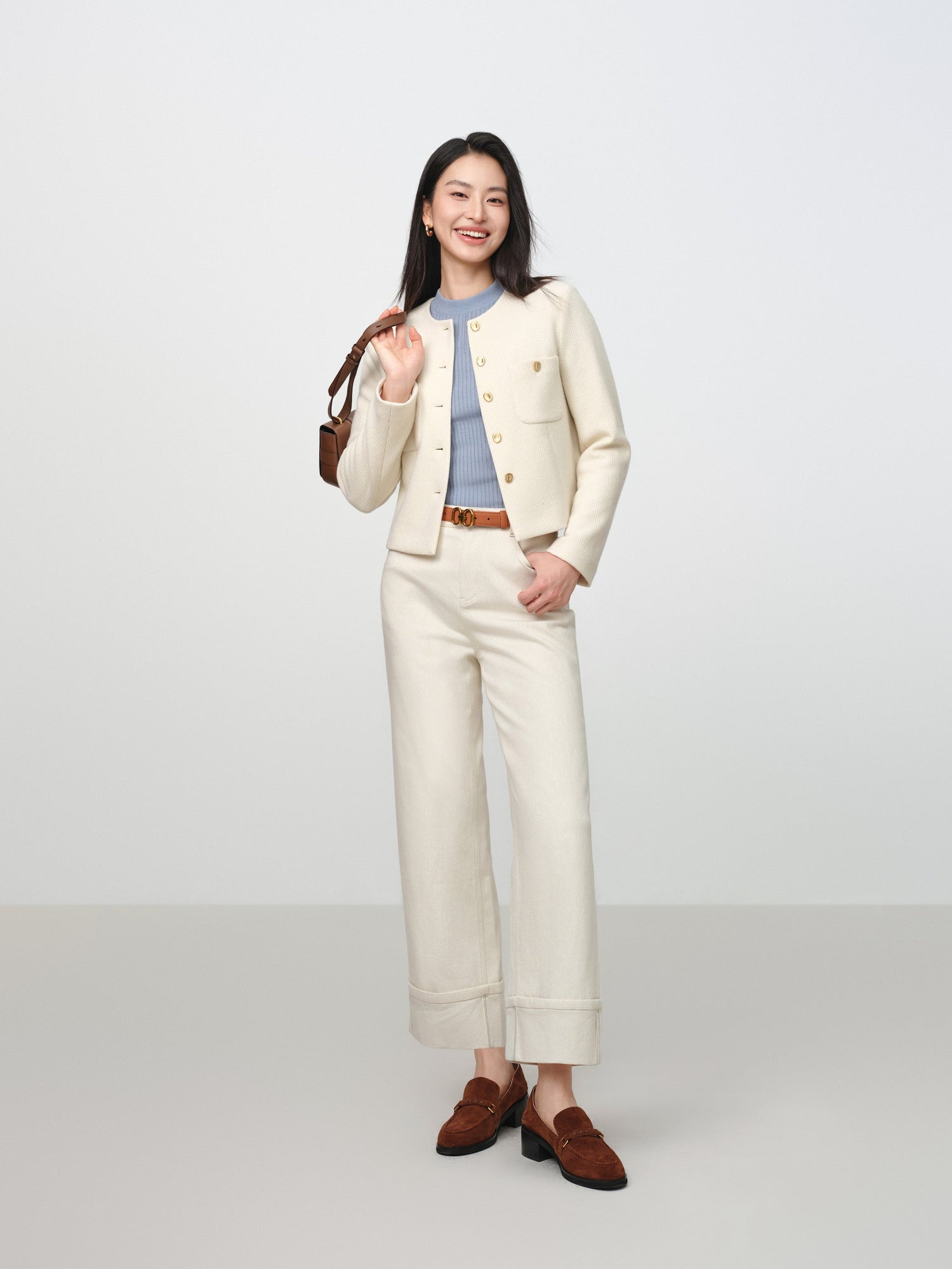 Tweed-Style Plaid Collarless Jacket | White